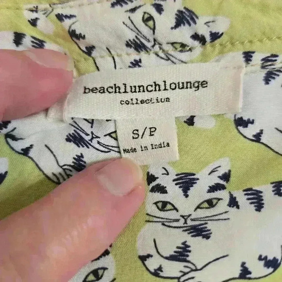 Beach Lunch Lounge Long Sleeve Button-up Cat print Shirt Blouse Women's SP - Picture 8 of 9